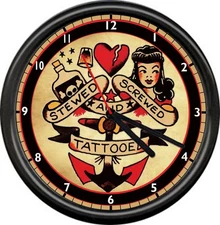 Sailor Jerry Tattoo Parlor Stewed Screwed Tattooed Heart Anchor Sign Wall Clock