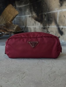 1990s PRADA / Red Bordeaux Nylon Travel Zip Cosmetic Pouch