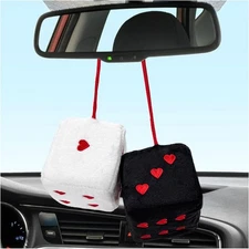 2 PCS Fuzzy Plush Dice for Car Rearview Mirror, 3'' Retro Black & White 