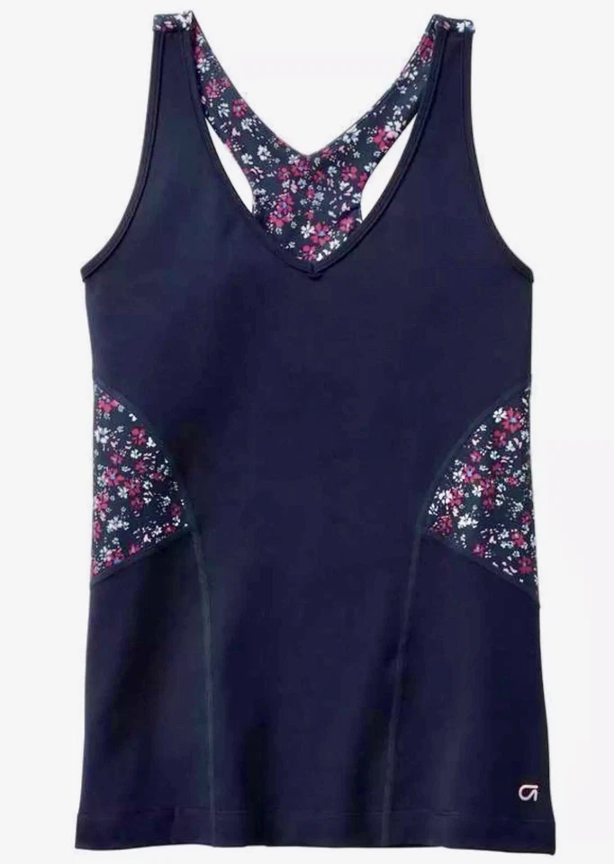 女士 GAP GapFit V 领赛车背部主动压缩背心,蓝色花卉,大号 — 第 3/4 张图片