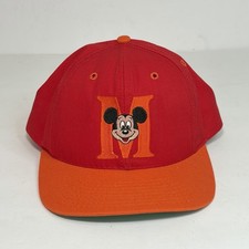 Vintage Walt Disney Mickey Mouse M Logo Snapback Hat Made in USA Red Orange