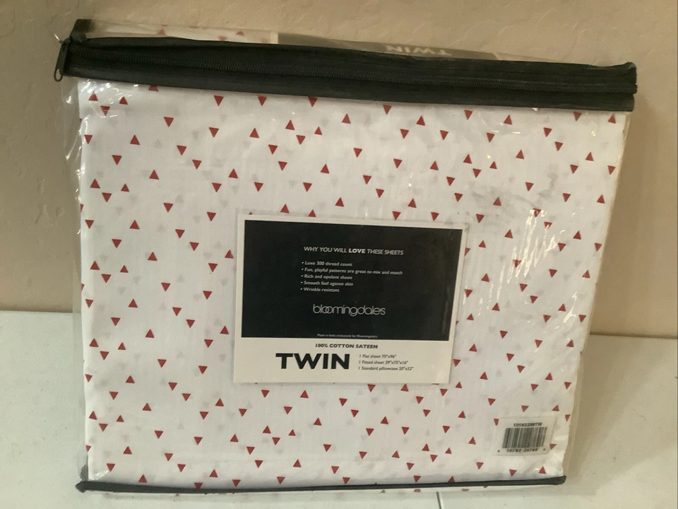 Juego de sábanas dobles Bloomingdales 3 piezas rojo blanco estampado geométrico algodón satén Foto 3 de 4