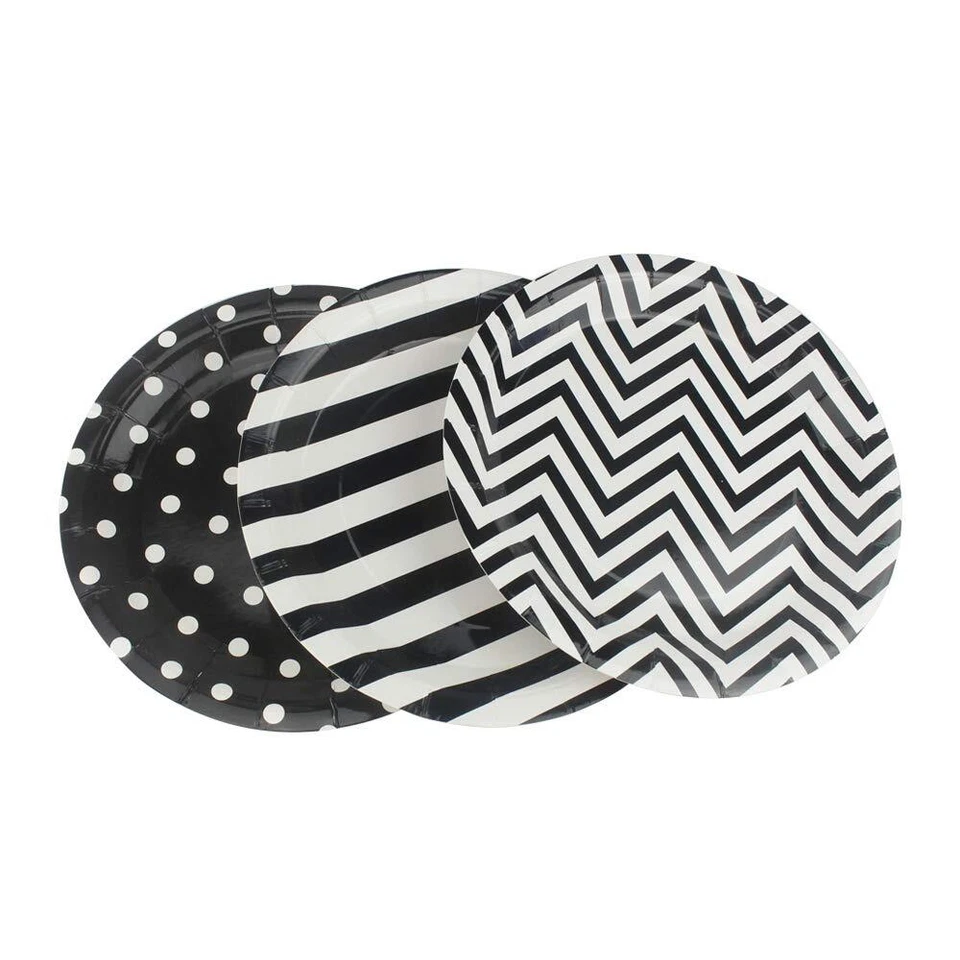 Platos de papel Chevron a lunares a rayas negras 36 un. - Platos redondos de fiesta de 9 pulgadas... Foto 3 de 4