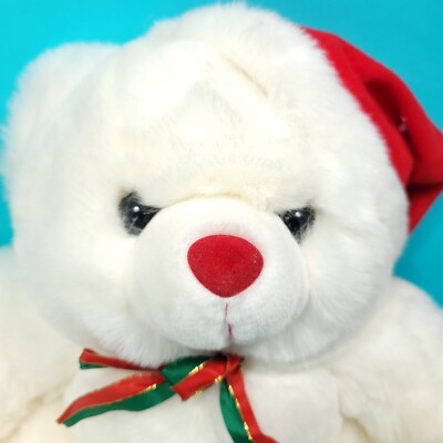 Christmas White Bear Red Hat Plush Red Nose Green Bow Vintage
