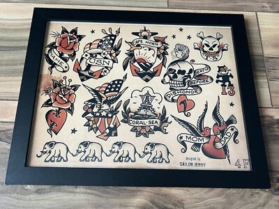 Sailor Jerry Vintage Tattoo Flash Art Print Navy FRAMED & Ready to