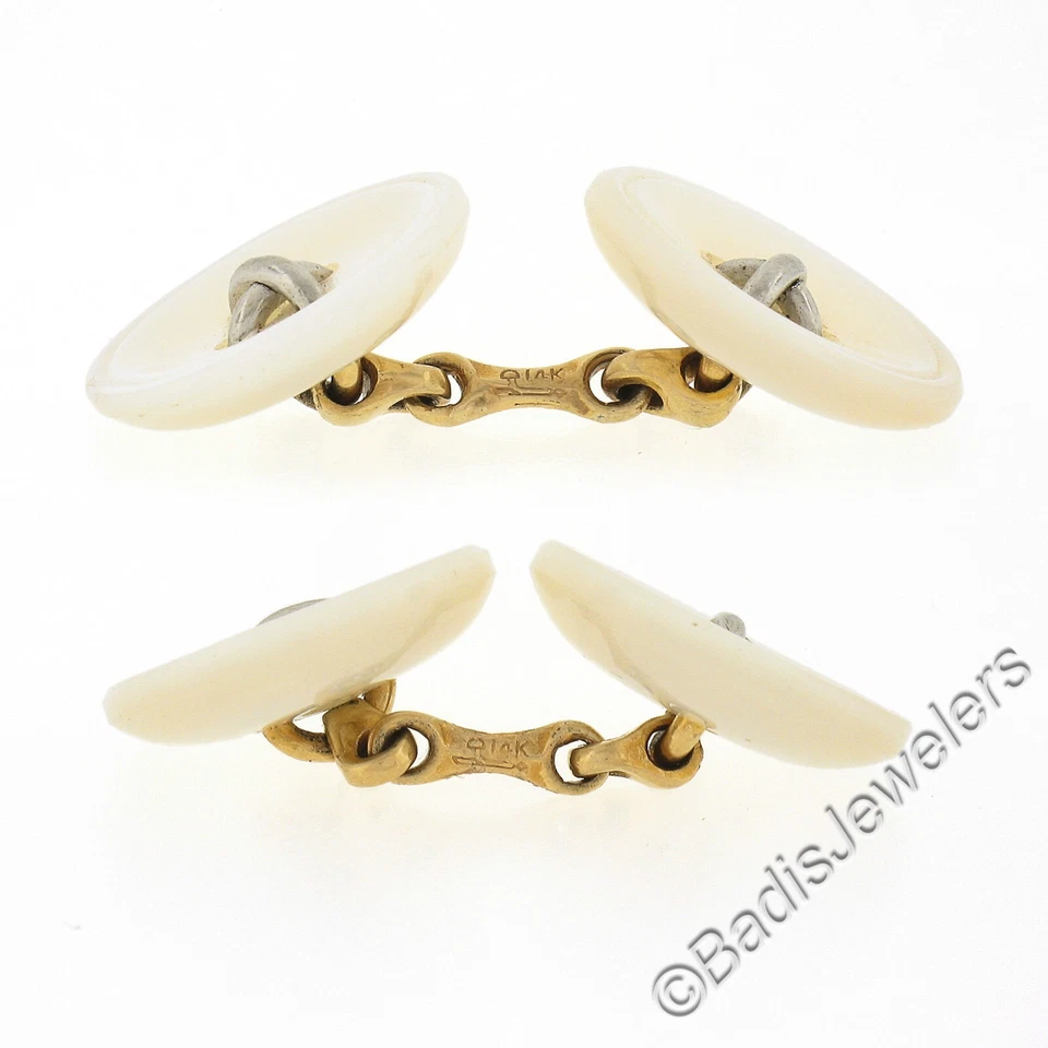 Gemelos botones redondos antiguos de madreperla blancos tallados en oro de 14k de 14,6 mm Foto 4 de 4