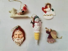 Lot of 5 Vintage Christmas Ornaments Resin Santa Head Snowman Cone Seesaw Polar