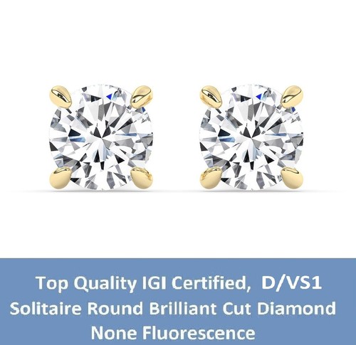 Round Solitaire 18K Yellow Gold Studs Earring, 2ct, Lab-grown IGI Certified - Picture 2 of 13