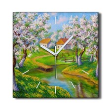 Image of Silent Clock Canvas 30x30 Painting Countryside Trees Flowers Water Wall Decor