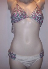 NEW VOLCOM white pink green geometric string bikini swimsuit sz Large