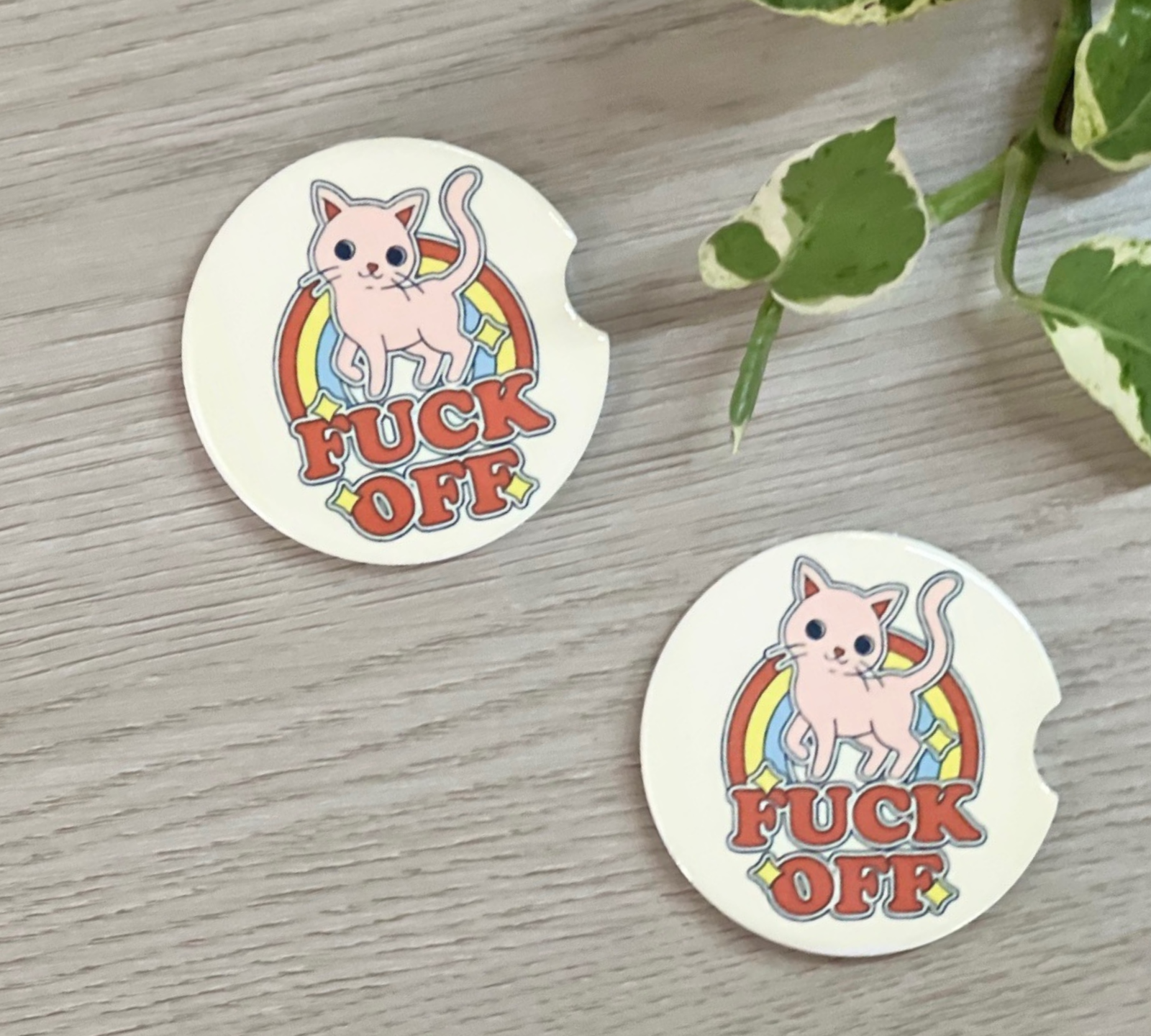 F*ck Off Kitty Car Cup Coasters, Car Accessories, Sandstone Coasters, Set of 2