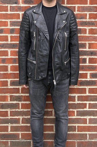All Saints Mens KANE Leather Biker Jacket Black MEDIUM 2 Spitalfields Bomber - Picture 4 of 22