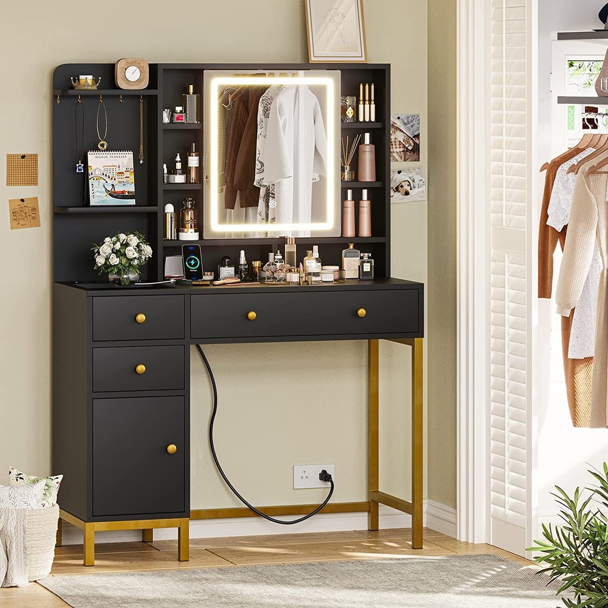 Large Modern Dressing Table & Stool Set With LED Mirror - 3 Drawers, 2 Cabinets, 6 Shelves, Built-in Outlet (Black)-1006959