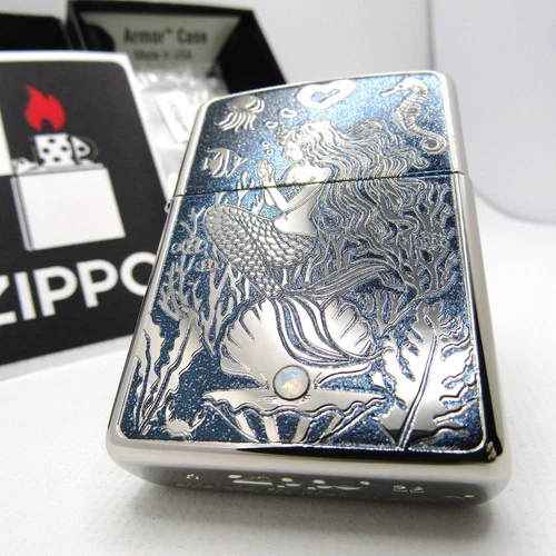 Armor Mermaid Swarovski Silver Mirror Processing Etching Lighter Zippo 2022 MIB