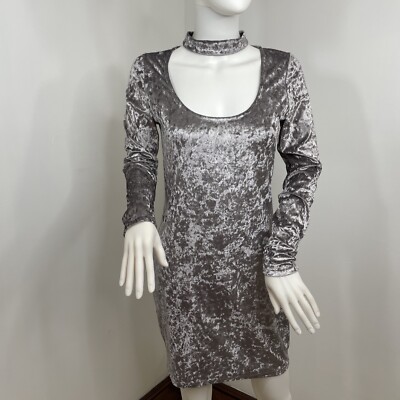 grey crushed velvet dress Woman's L Long Sleeve Fitted Scoop Neck Above Knee July WK 4 MDs