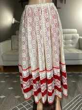 Vintage 70s Carefree Fashion Red Velvet  Floral Lace Maxi Prairie Hippie Skirt