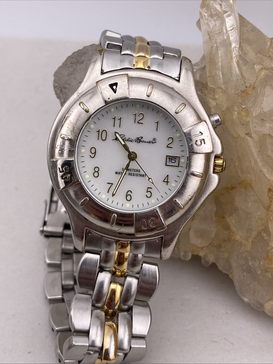 Vtg Eddie Bauer Watch Men 36mm Silver Tone Date Backlight New 