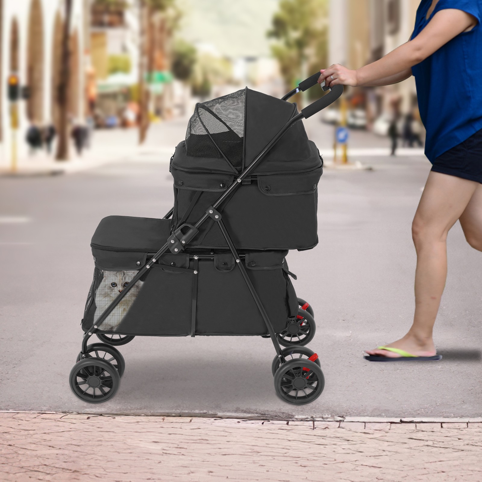 Passeggino per Cani, Passeggino per Cani a 2 Strati fino a 15 kg, Passeggino per Cani Pieghevole Nero foto 4