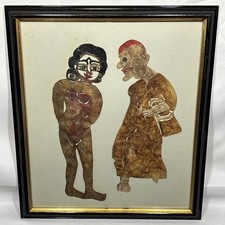 Antique Old Vintage Asian Cowhide Shadow Puppets Monk Nude Woman Framed