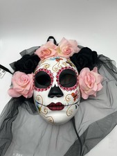 Day of the Dead Sugar Skull Mask Pink Black Roses Rhinestones Veil Halloween