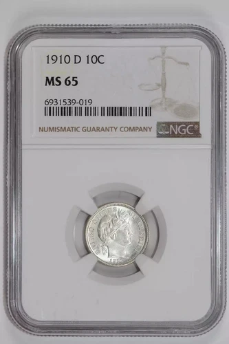 1910-D BARBER DIME NGC MS65