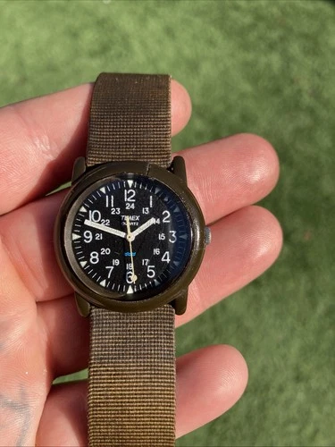 VTG Timex Camper Men Field Watch 33MM Black Dial Green Canvas Bands New Battery