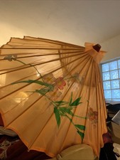 Chinese Faux Silk Orange Umbrella With Painted Design