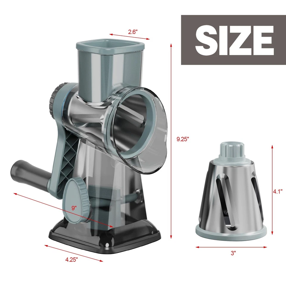 Ralador rotativo de queijo com 3 lâminas, fatiador manual vegetal e moedor de nozes transparente - Imagem 2 de 4