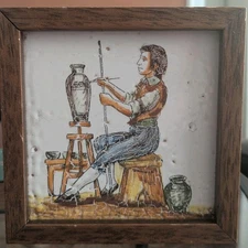 Vtg Craftsman Painting Tile Wood Frame Holland Delft Painted European Wall Art