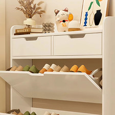 2-Tier Wooden Entrance Shoe Cabinet with Flip Drawers Narrow Shoe Storage Cabine