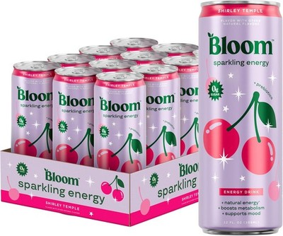 Bloom Nutrition Sparkling Energy Drink Zero Sugar Shirley Temple 12oz Prebiotic