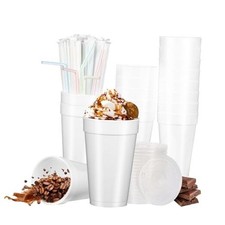 16 Oz Styrofoam Cups with Lids and Drinking Straws, Disposable White 16 Ounce