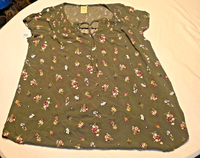 Faded Glory Woman's  XL Green Floral Smocked Square Neck Tie Knee Blouse Shirt
