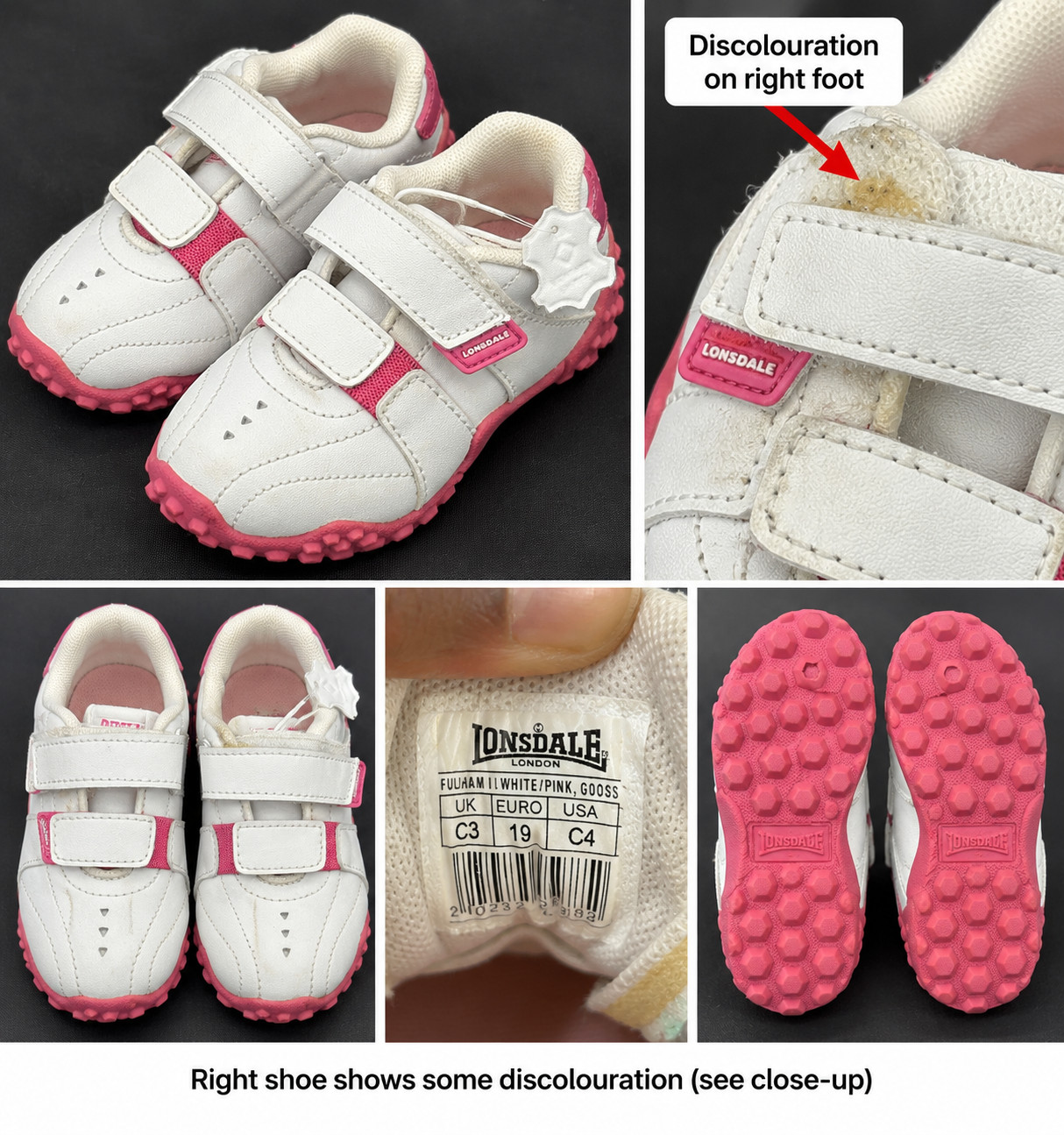 Lonsdale Fulham Girls Infant Trainers UK C3 EU 19 White Pink Hook Loop Shoes image 9