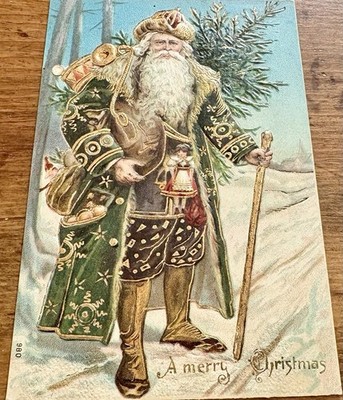 Vintage Old World Santa Claus Christmas Postcard - Santa In Green Robe # 980