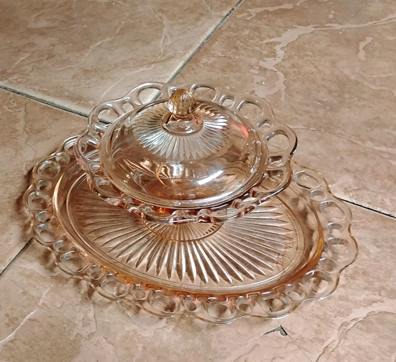 Anchor Hocking Glass Co LACE EDGE ROSE DEPRESSION GLASS BUTTER DISH & LID & TRAY