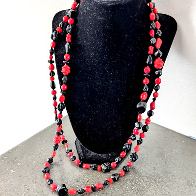 Vintage Miriam Haskell Necklace LONG 58'' Black Red Bead Brass Designer Signed