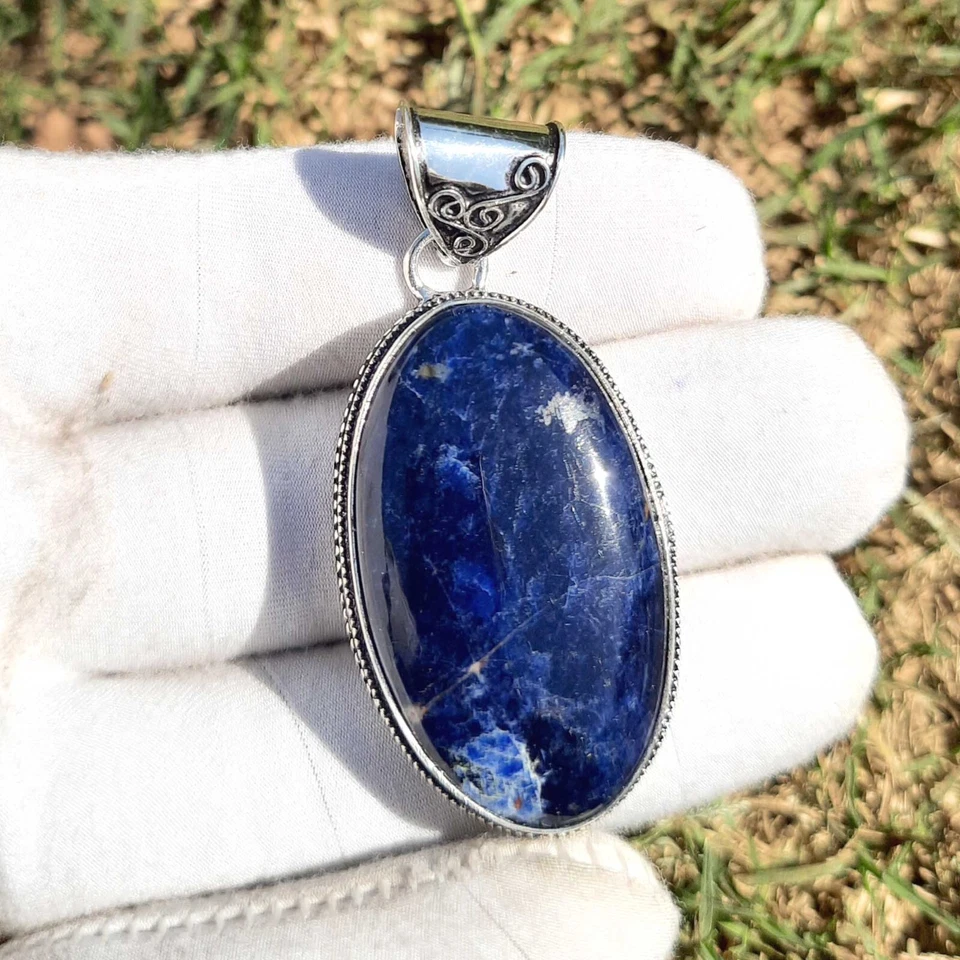 Joyería colgante enchapada en plata de ley 925 con piedras preciosas de sodalita de 2" Foto 2 de 4