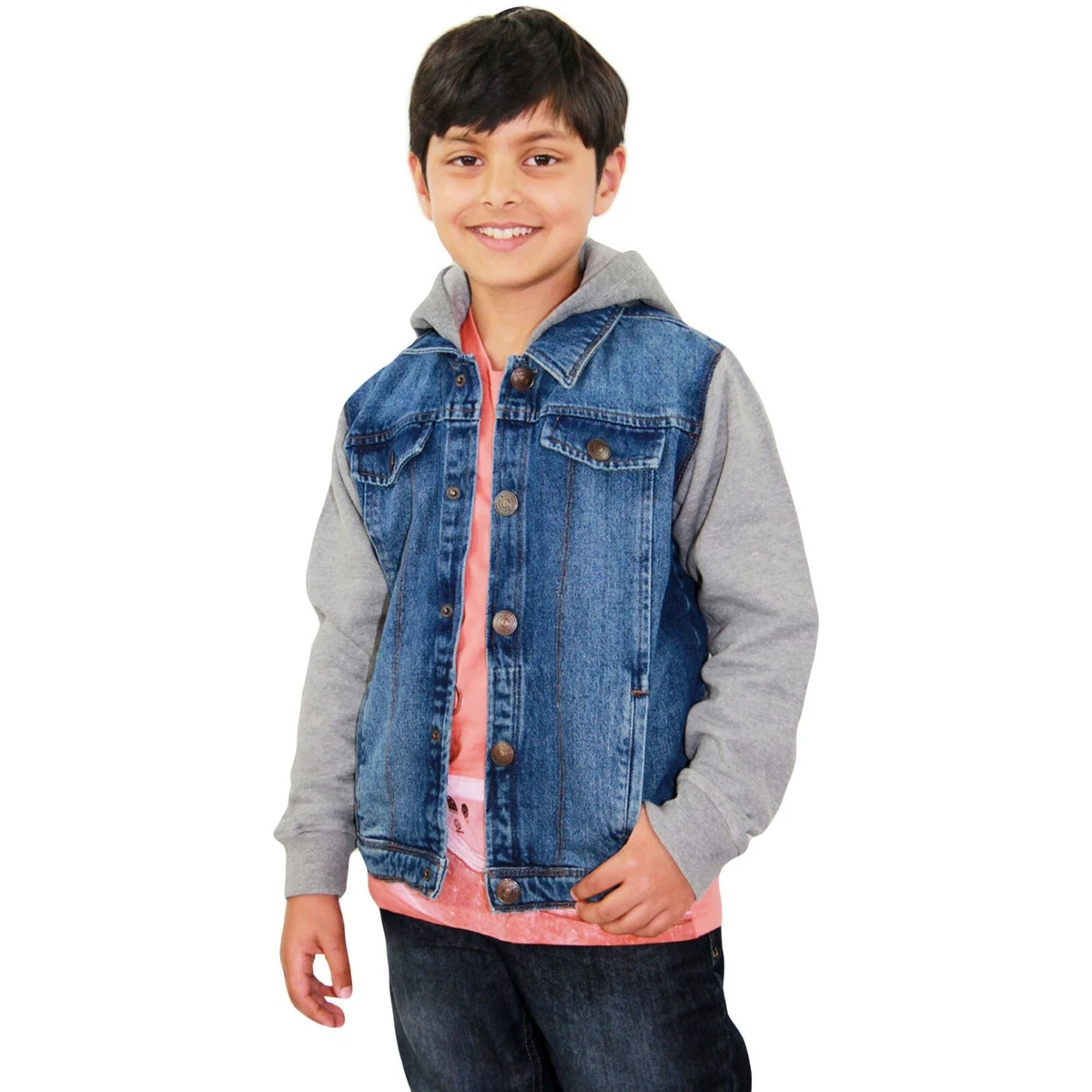 Kids Boys Denim Jacket Fleece Sleeves Hood Fashion Blue Jackets Coat 2 13 Year
