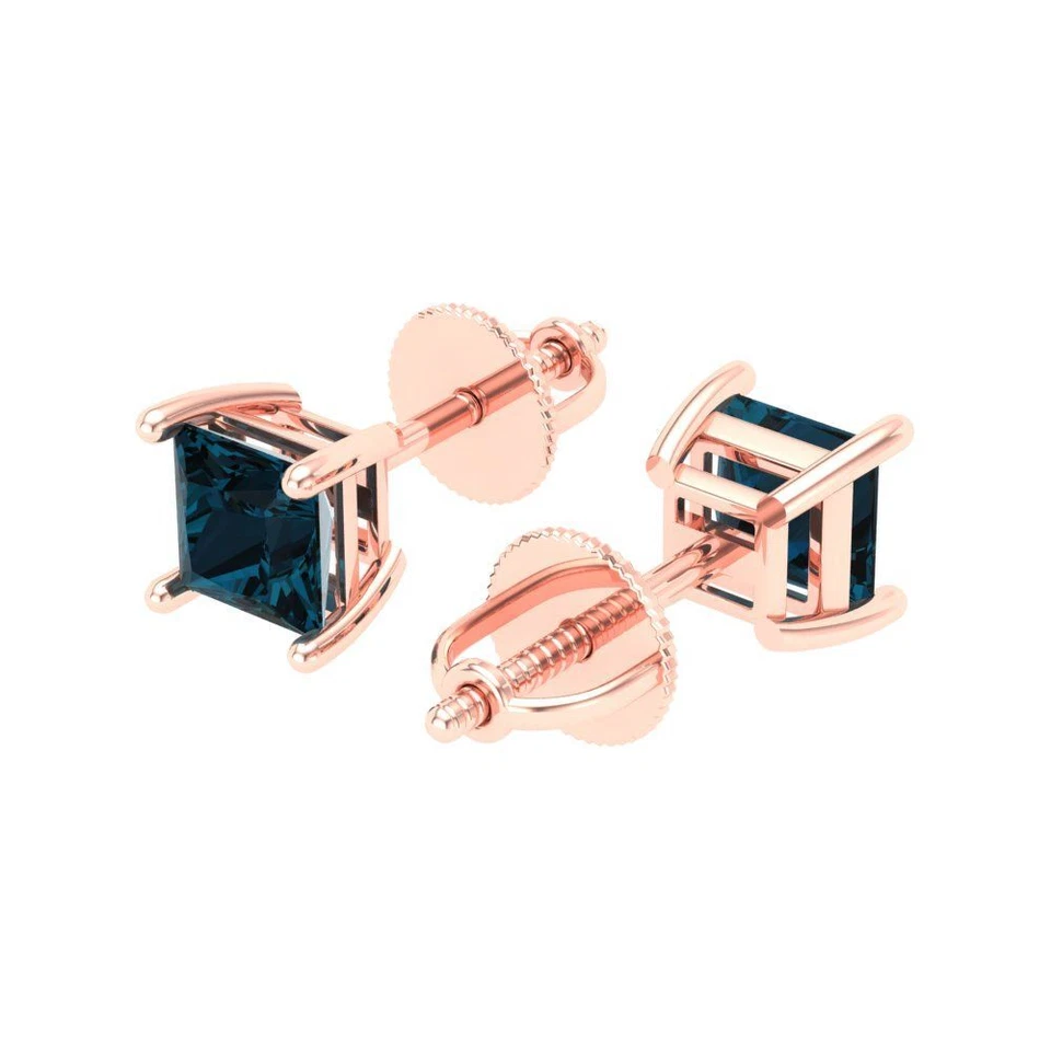 1 ct Princess Cut Solitaire Studs Topaz Gemstone Rose Gold Earrings Screw back - Image 2 of 4