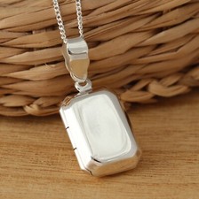 925 Sterling Silver Small Rectangular Photo Locket Plain Pendant Necklace Chain