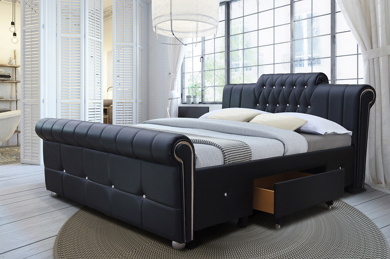 TIVONA Chesterfield Double King Size Bed wd 2 Drawers Black White Faux Leather eBay