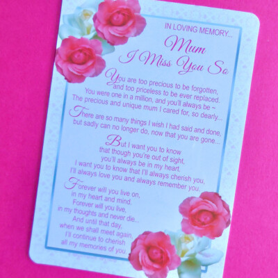 MUM I Miss You So Graveside Memorial Card Keepsake Poem Mothers Day ...