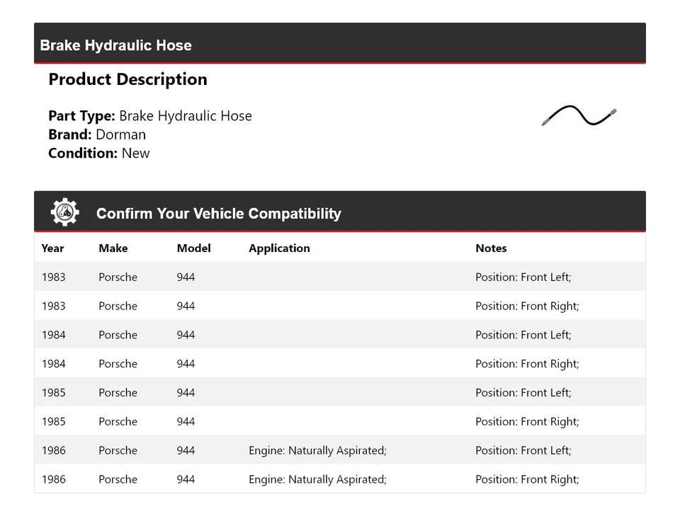 Manguera hidráulica de freno Dorman 1984 1985 para Porsche 944 1983-1986 Foto 2 de 4