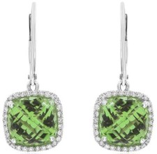 6.11CT DIAMOND  AAA GREEN AMETHYST 14KT WHITE GOLD 3D CUSHION  ROUND EARRINGS
