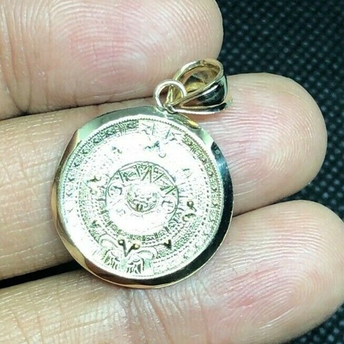 ORO AZTECA 14K Colgante SÓLIDO REAL Maya Sol Calendario Azteca Collar México Pequeño - Imagen 2 de 5
