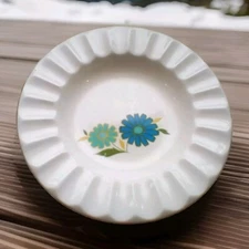 VINTAGE CERAMIC  ASHTRAY 6" MCM BLUE FLOWER  BOHO