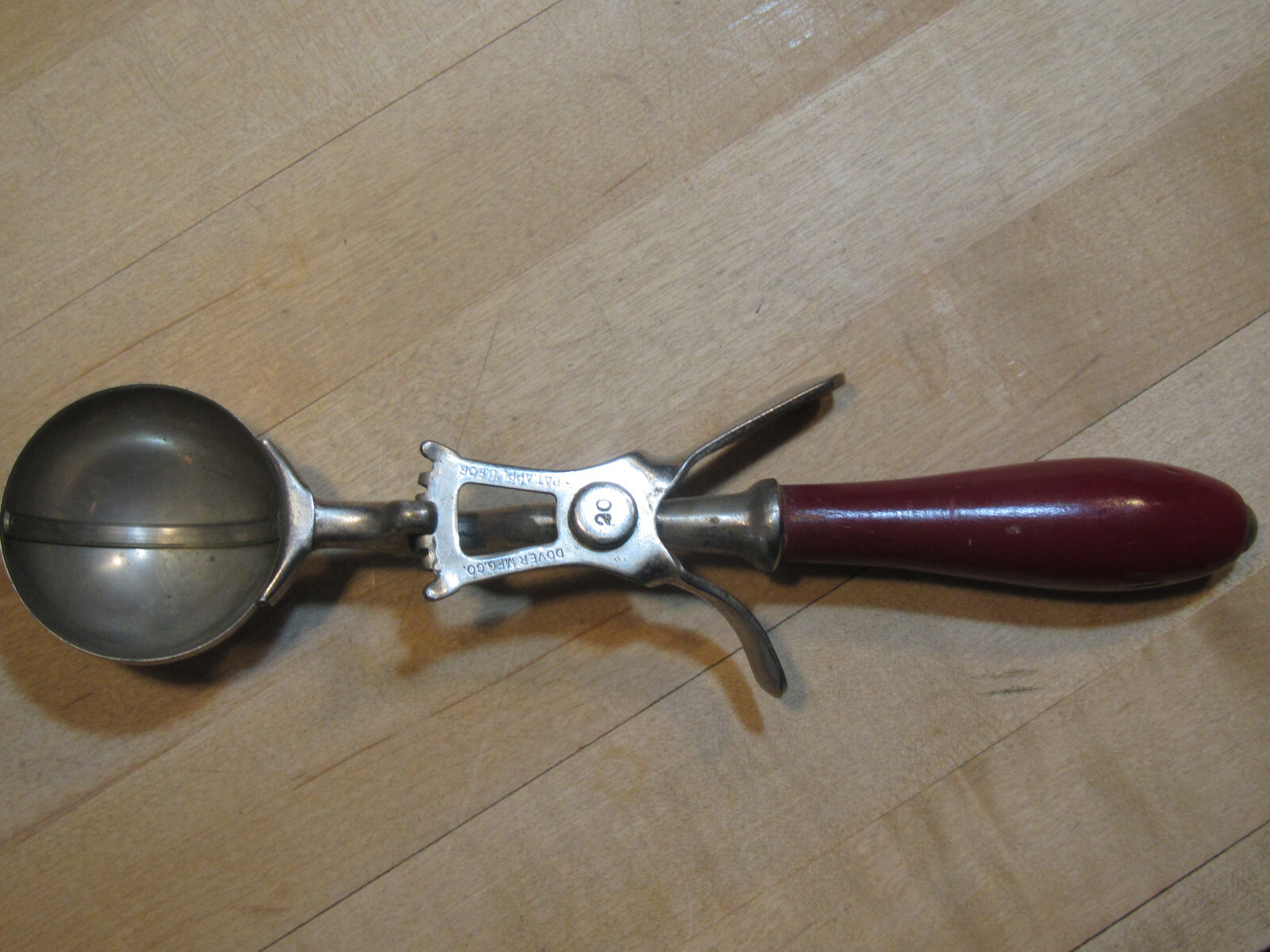 Vintage 1920's Dover #20 nickel plated brass ice cream scoop-red handle-excond