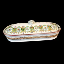 VTG Hand-Painted Floral Ceramic Butter Pad Dish W/Lid & Ornate Detailing Floral