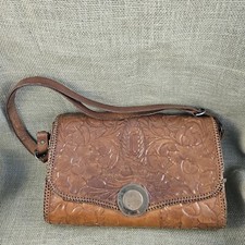 Vintage Hand Tooled Brown Leather Mexican Purse Shoulder Bag READ